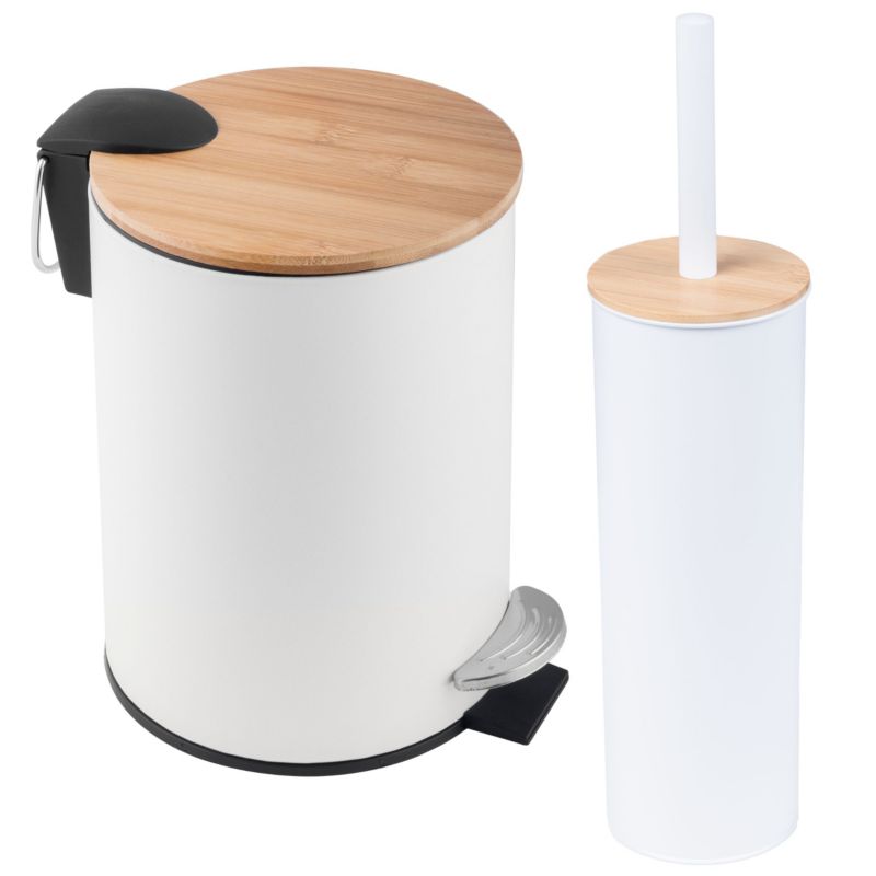 Zestaw Łazienkowy Yoka Home Biały Bambus Kosz na śmieci wolnoopadająca klapa i Szczotka do WC 1 szt.
