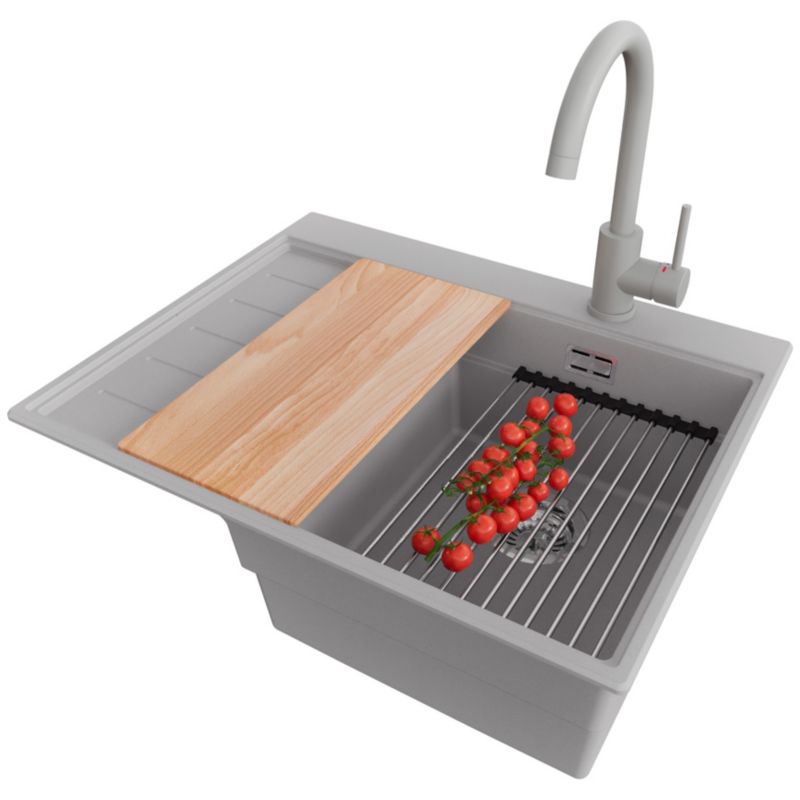 Zlewozmywak Granitowy Sydney PRIMAGRAN Nablatowy 62x50cm do szafki od 40cm, Szary + Bateria + Syfon + Akcesoria, S034, 1 szt.