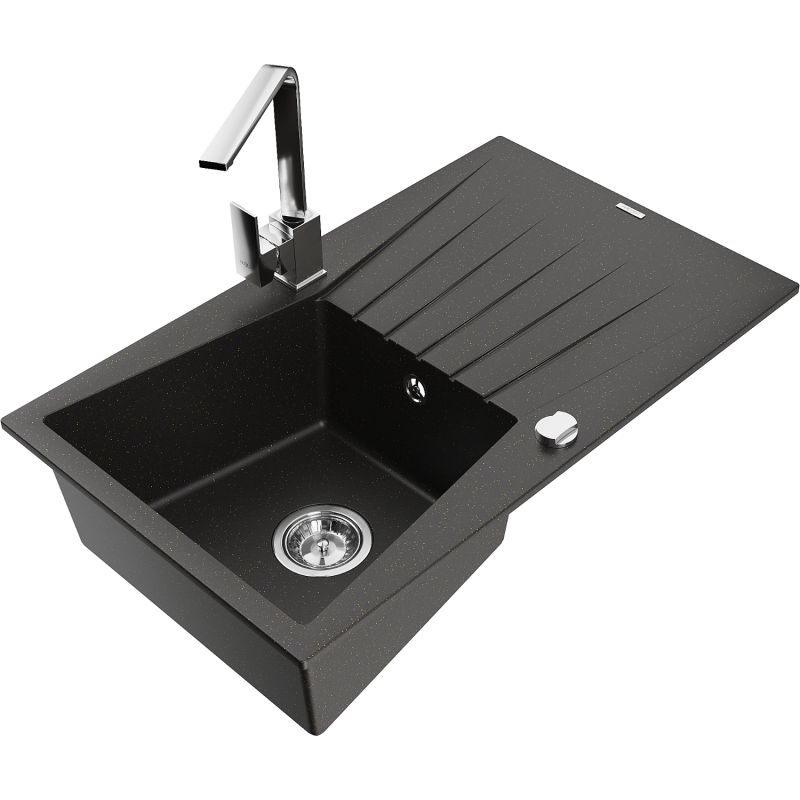 Zlewozmywak granitowy 1-komorowy Mexen Cesar z ociekaczem i baterią kuchenną Rita czarny/złoty metalik 6514-75-670300-00