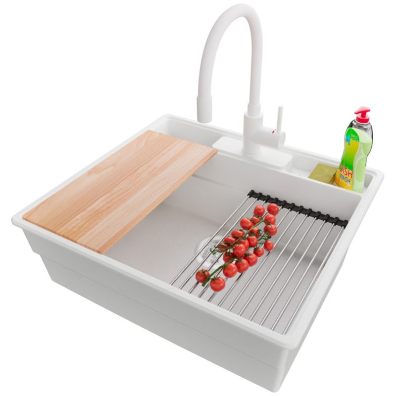 Zlewozmywak Granitowy Nowy Jork PRIMAGRAN Nablatowy 58x53cm do szafki od 60cm, Biały + Bateria + Syfon + Akcesoria, S050, 1 szt.