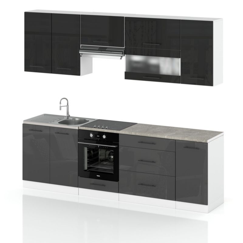 Zestaw Kuchenny Hurtownia-Mebli Z Blatem Kuchnia Marocco 260cm Biały Mat Czarny Połysk/Szary Połysk 260x52x157 cm 1szt.