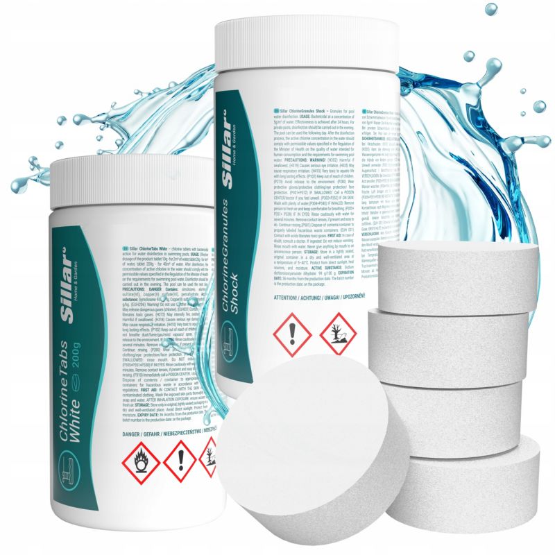 Chlor w tabletkach, Sillar, do basenu, jacuzzi, 1kg 200g tabletki, 10w1 + chlor szok, 1kg, zestaw do basenów, 2 szt