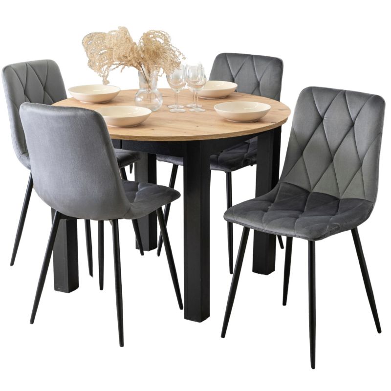 Zestaw Mebel Elite Stół Okrągły Rozkładany z Krzesło 4x Tapicerowane Szare do Jadalni 1 szt