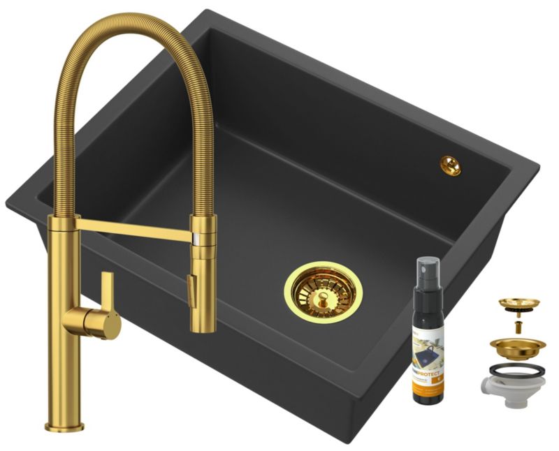 Zlew Granitowy Granitan Jednokomorowy Podblatowy Salix Czarny Bateria Full Złota Syfon 1 kpt.