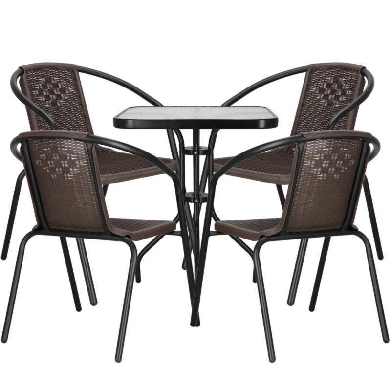 Meble na balkon Springos stolik kawowy z kwadratowym blatem z szkła hartowanego, 4 krzesła metalowe 1 kpl.
