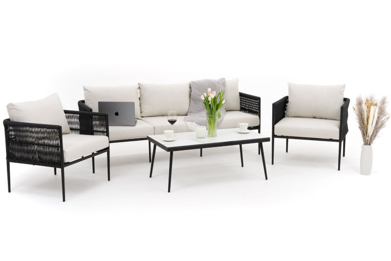 Zestaw mebli ogrodowych sofa fotel New Home BELIZE beżowo biały aluminiowy z blatem z płyty HPL 1 kpl