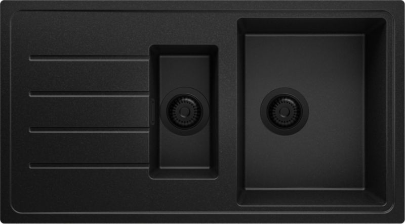 Zlewozmywak Kopenhaga Duo PRIMAGRAN Nablatowy 90x50cm do szafki od 60cm, Cały Czarny + Syfon, S007, 1 szt.