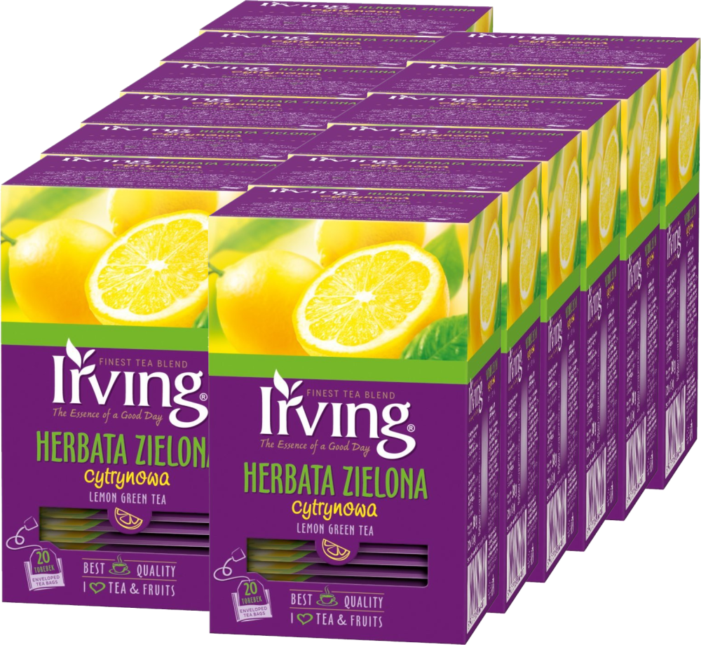 12x Herbata zielona smakowa w kopertach Irving, cytrynowa, 20 sztuk x 1.5g