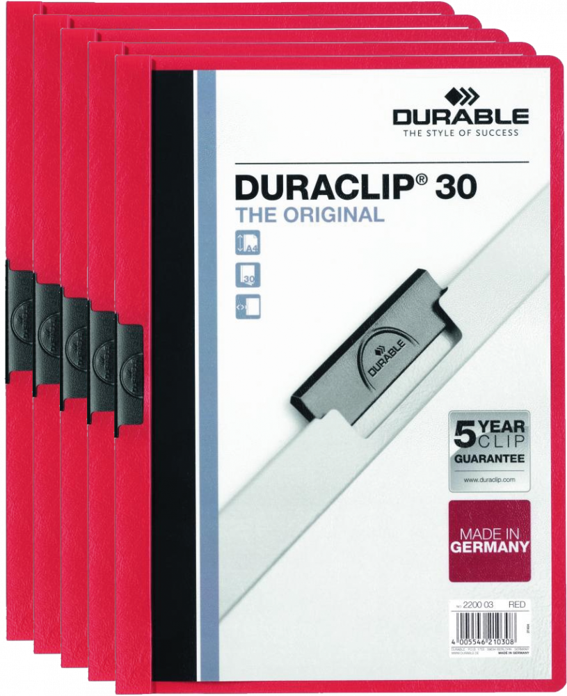 5x Skoroszyt plastikowy z klipsem Durable Duraclip, A4, do 30 kartek czerwony