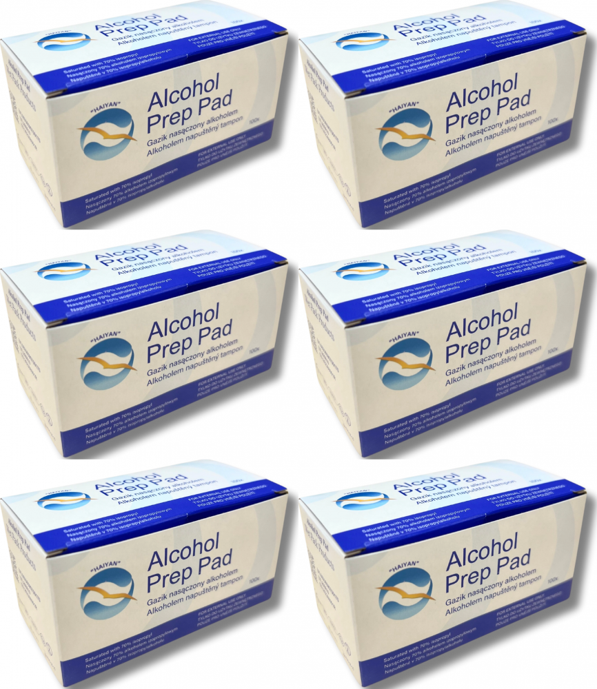 6x Gaziki nasączone alkoholem 70%, do dezynfekcji i oczyszczania skóry, 6.5x3cm, 100 sztuk