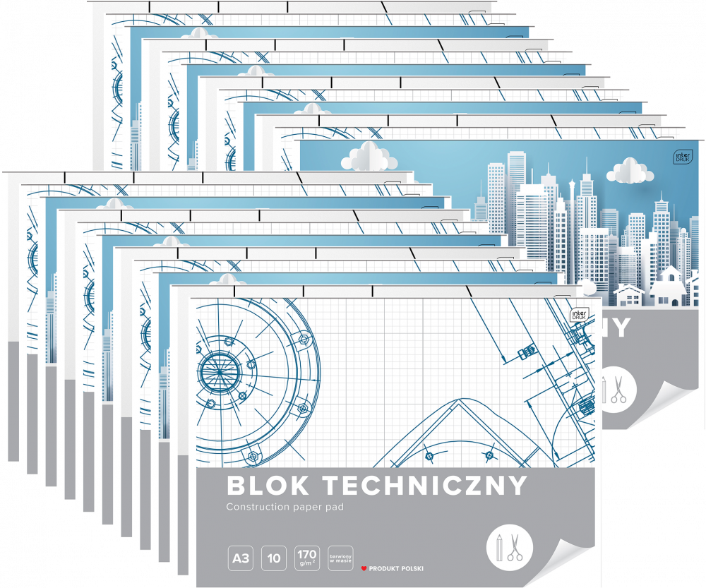 30x Blok techniczny Interdruk, A3, 10 kartek, biały