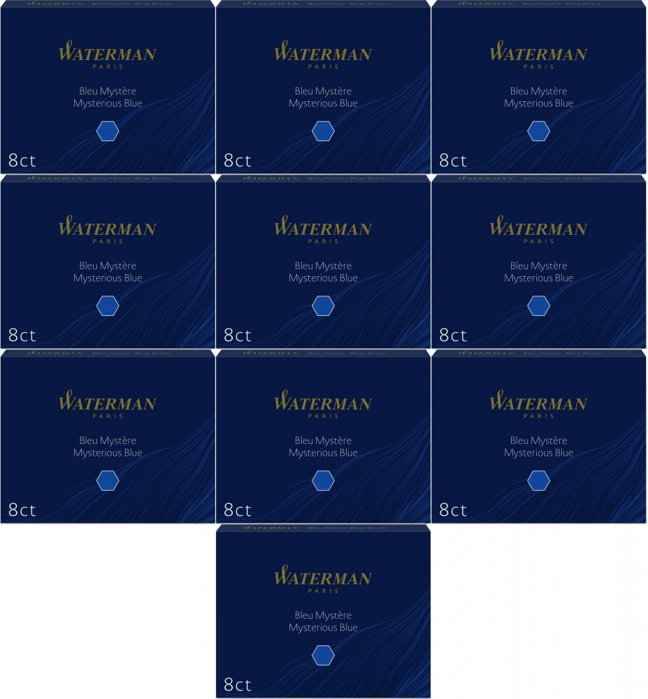 10x Naboje do piór Waterman, Standard, długie, 8 sztuk, czarno-niebieski