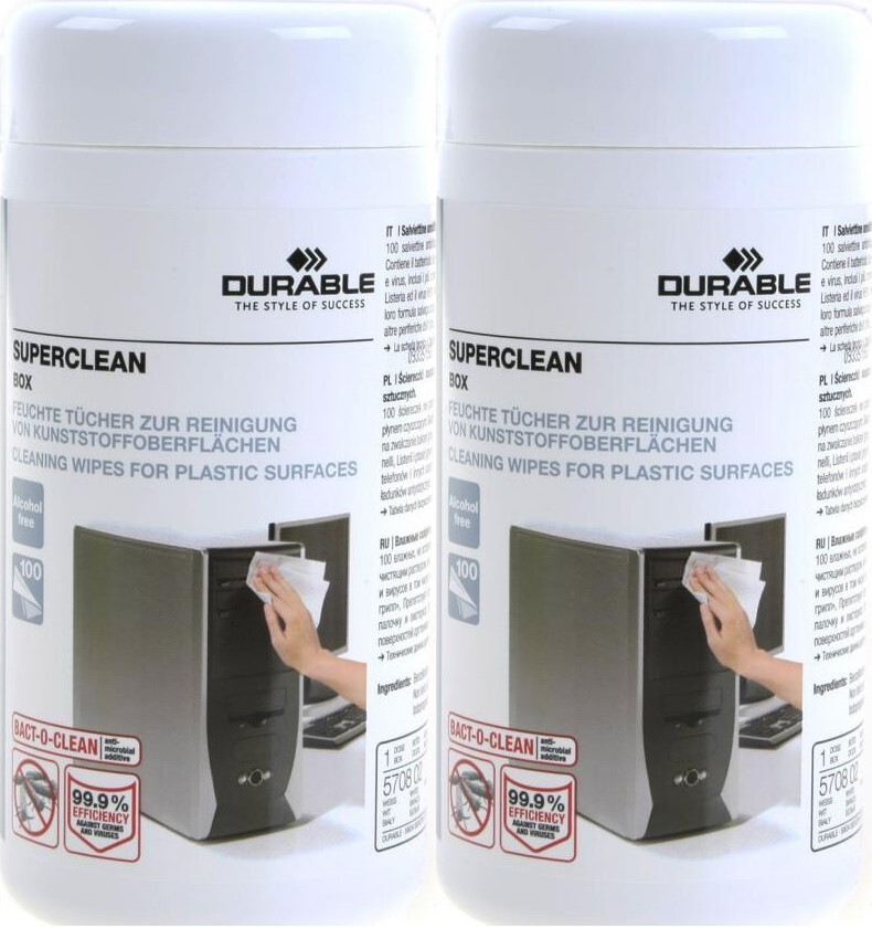 2x Chusteczki antyelektrostatyczne do plastiku Durable, tuba, 100 sztuk
