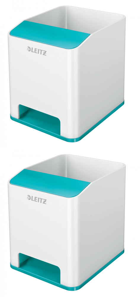 2x Kubek na długopisy Leitz Wow, ze wzmacniaczem dźwięku, 90x100x101mm, dwukolorowy, biało-turkusowy