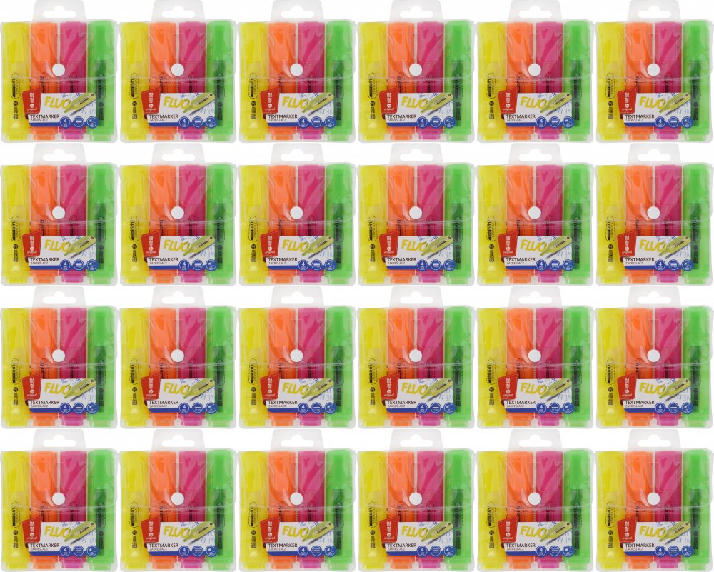 24x Zakreślacz MemoBe, ścięta, w etui, 4 sztuki, mix kolorów neonowych