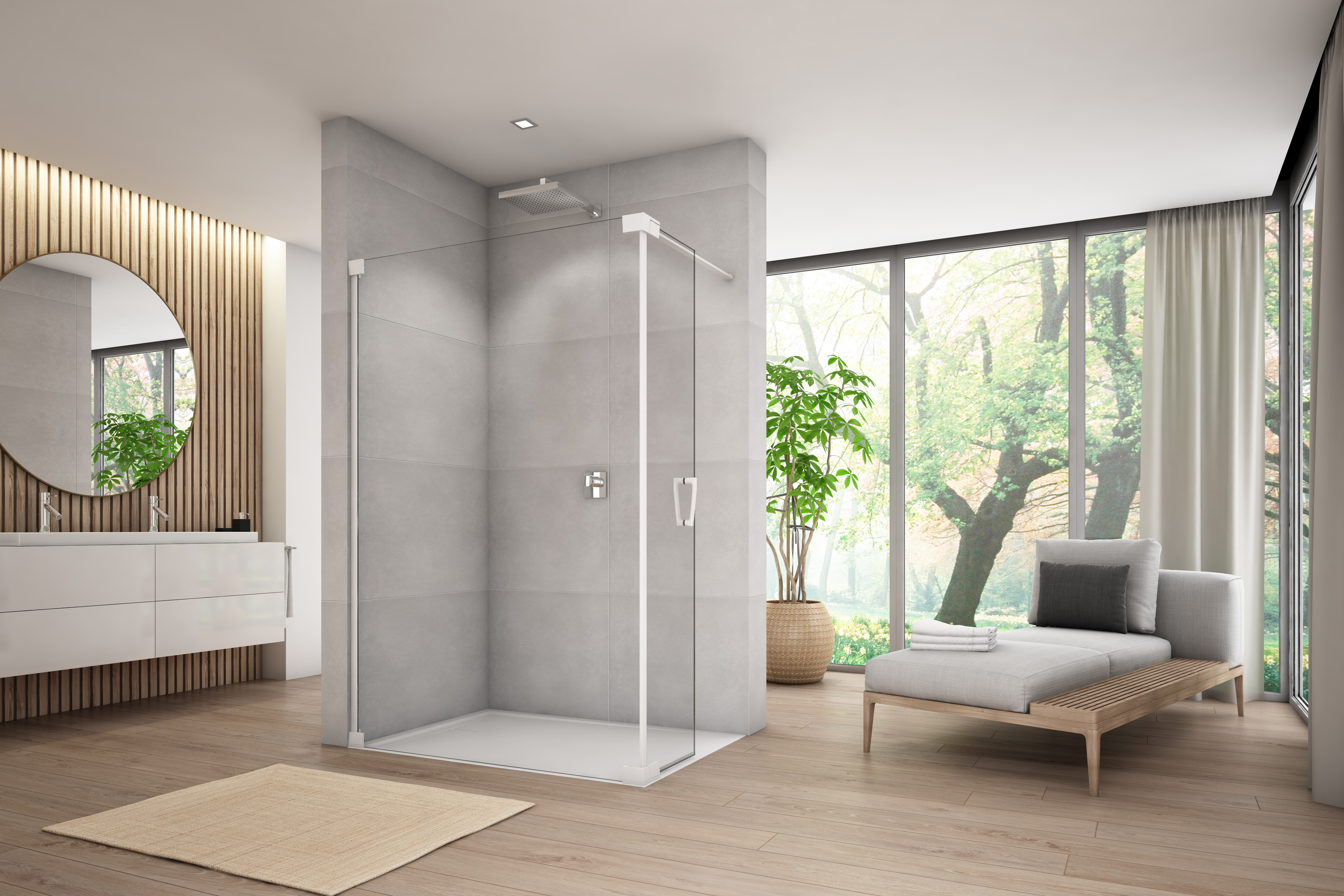 Ronal Cadura Caduo ścianka prysznicowa 120 cm wolnostojąca lewa z elementem ruchomym biały mat/szkło przezroczyste CADUOG1200907