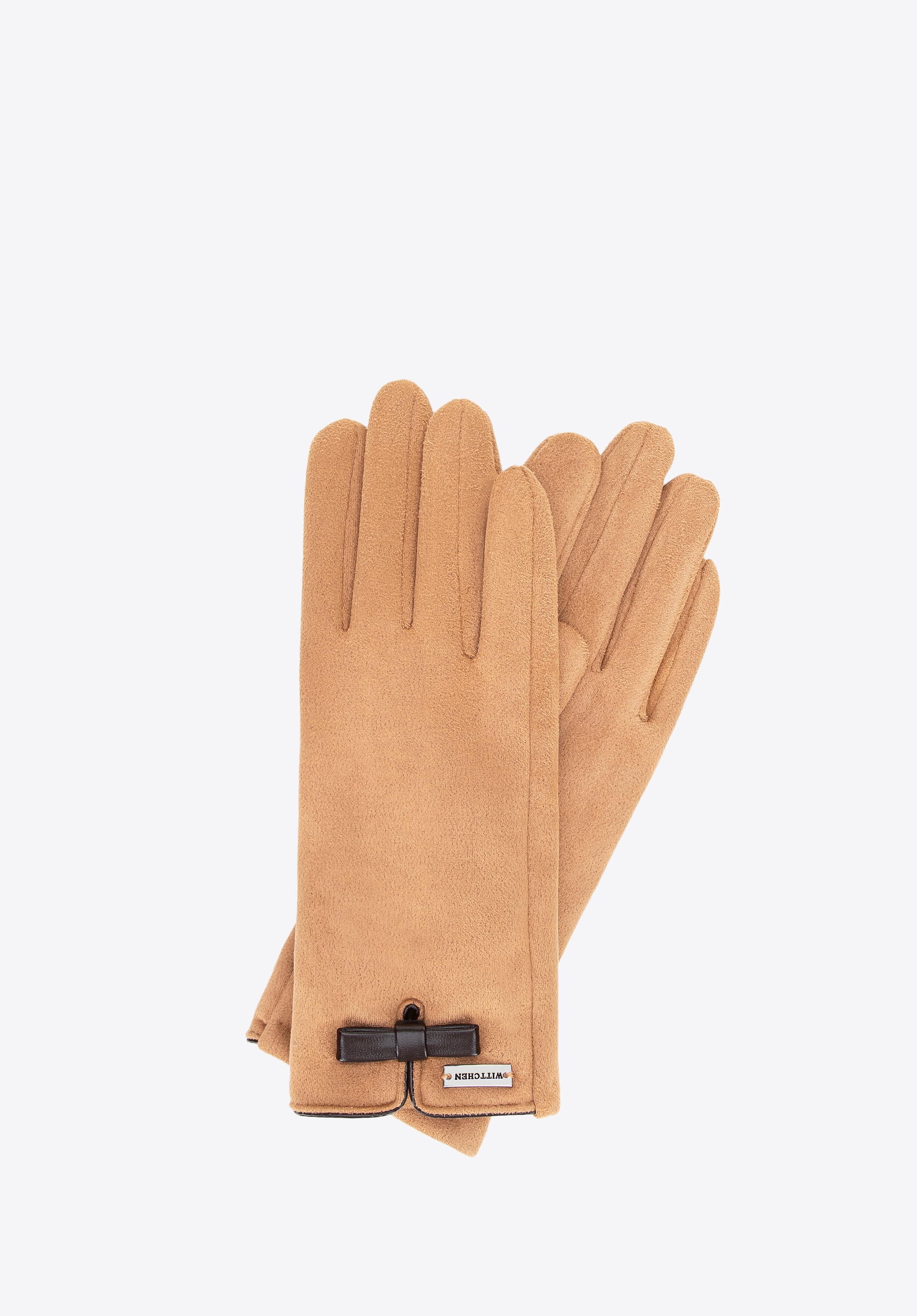 Damskie rękawiczki z małą kokardą jasny brąz