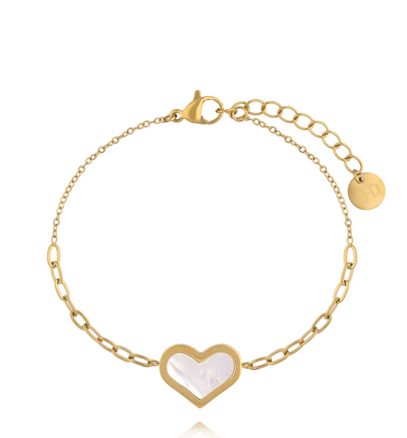 Bransoletka z sercem z masy perłowej na złotym łańcuszku BSY0600 - By Dziubeka