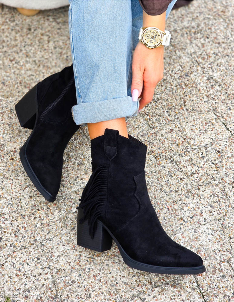 Czarne Botki z Frędzlami Na Słupku Daszyński Skóra