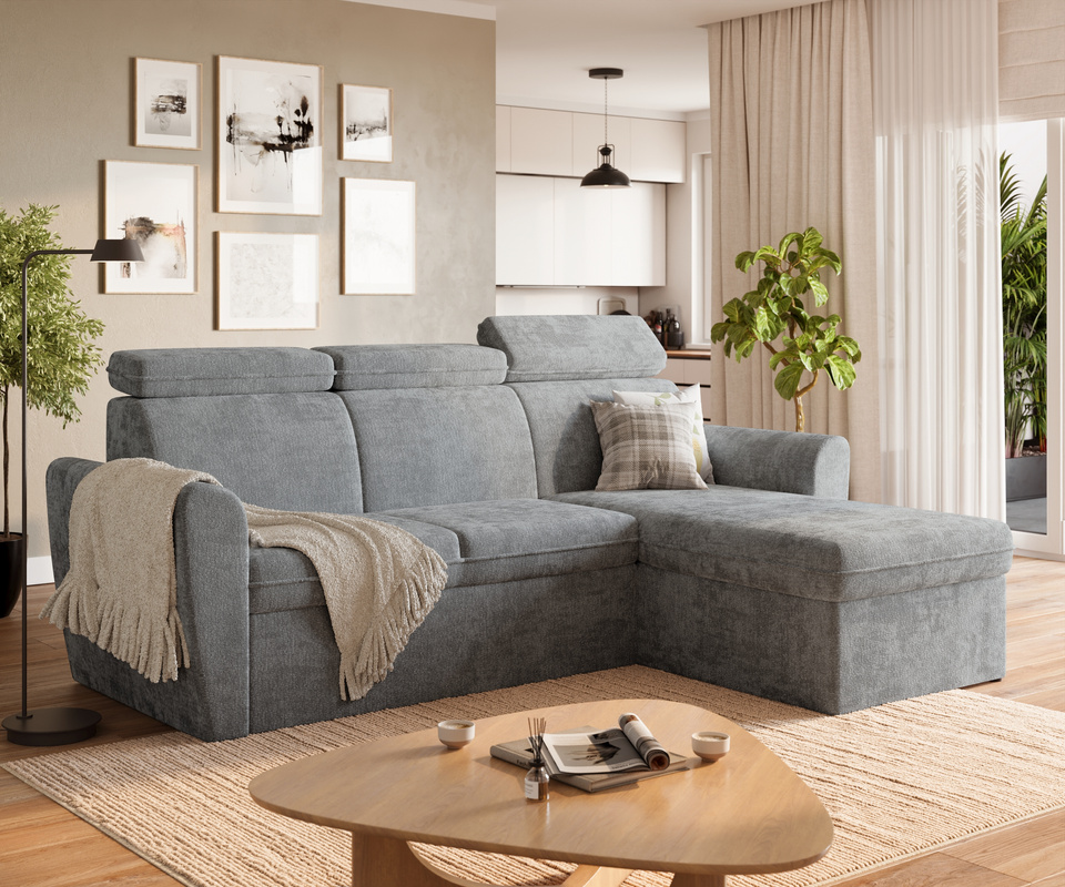 Szary narożnik z funkcją spania i pojemnikiem EVRON