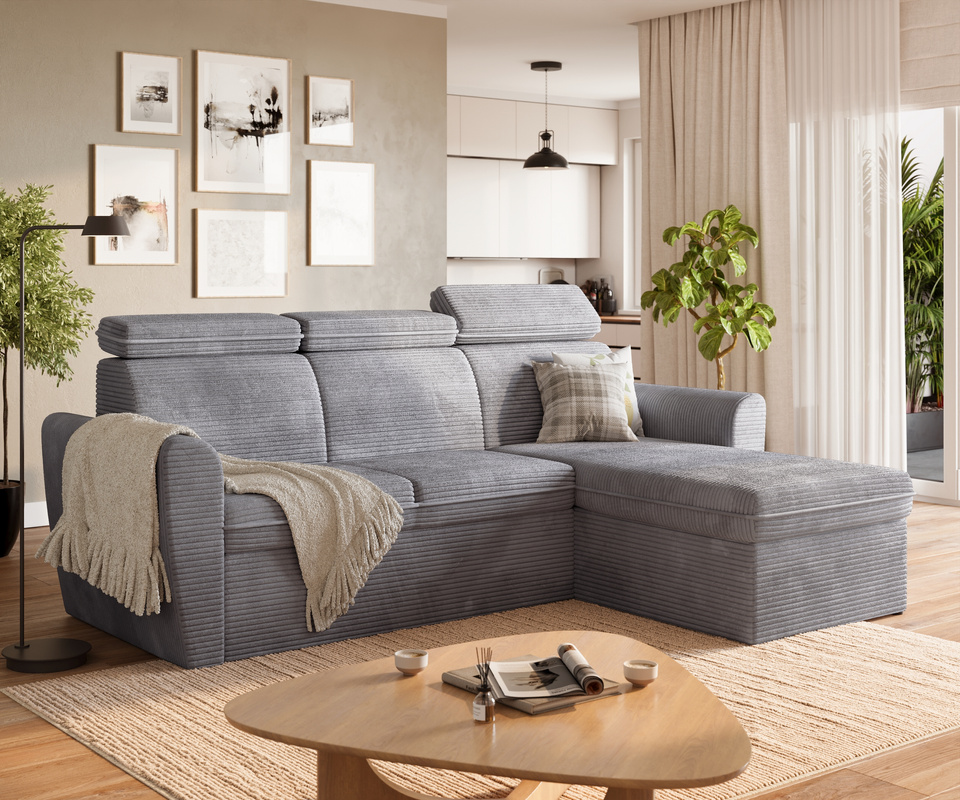 Szary narożnik z funkcją spania i pojemnikiem EVRON