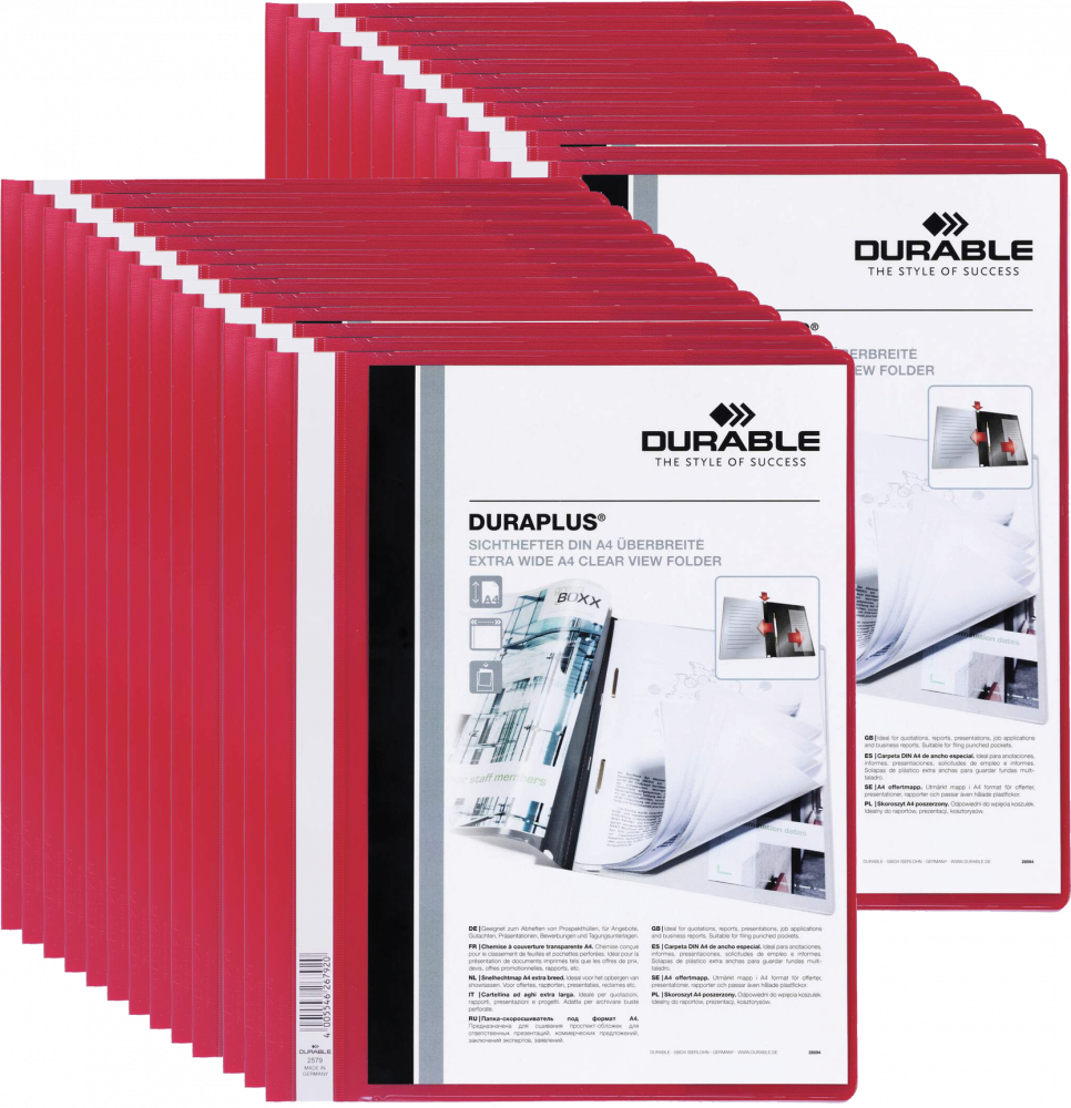 25x Skoroszyt plastikowy Duraplus Durable, A4, prezentacyjny, czerwony