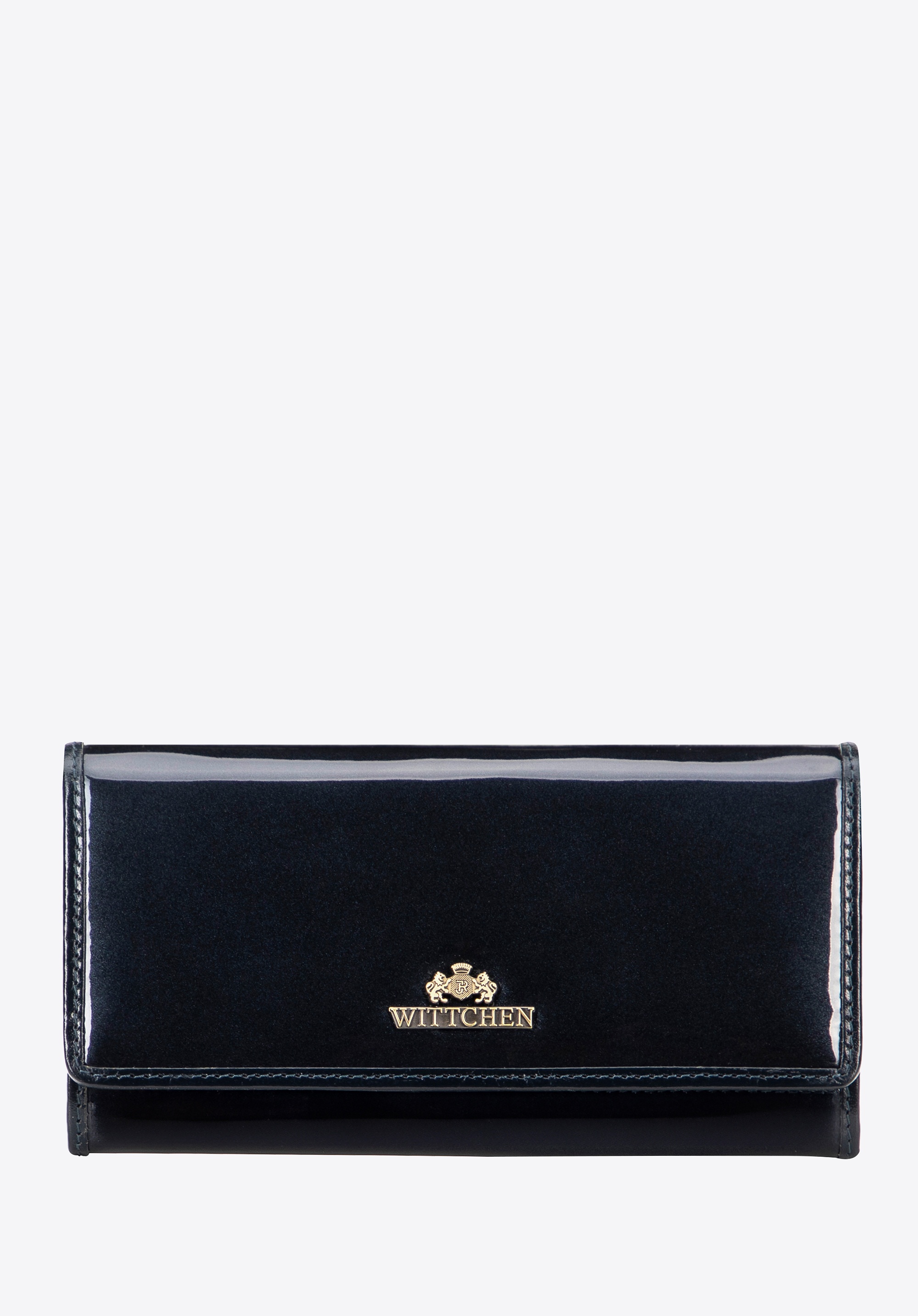 Damski portfel ze skóry lakierowanej podłużny granatowy