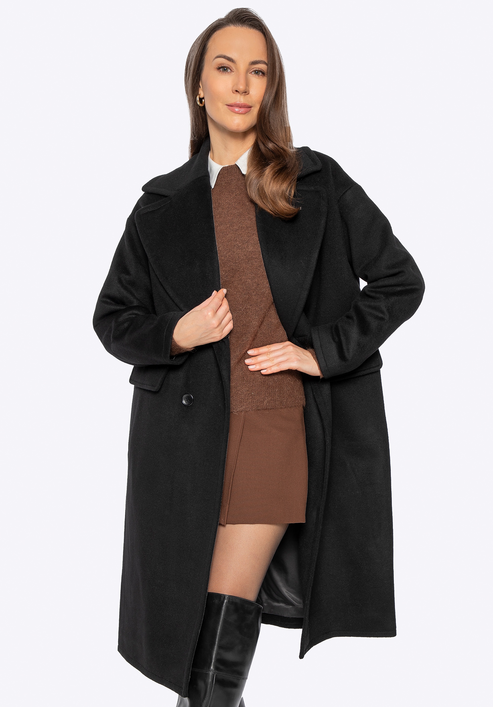 Dodatkowy rabat 25% - Damski płaszcz dwurzędowy z wełny i domieszką kaszmiru czarny