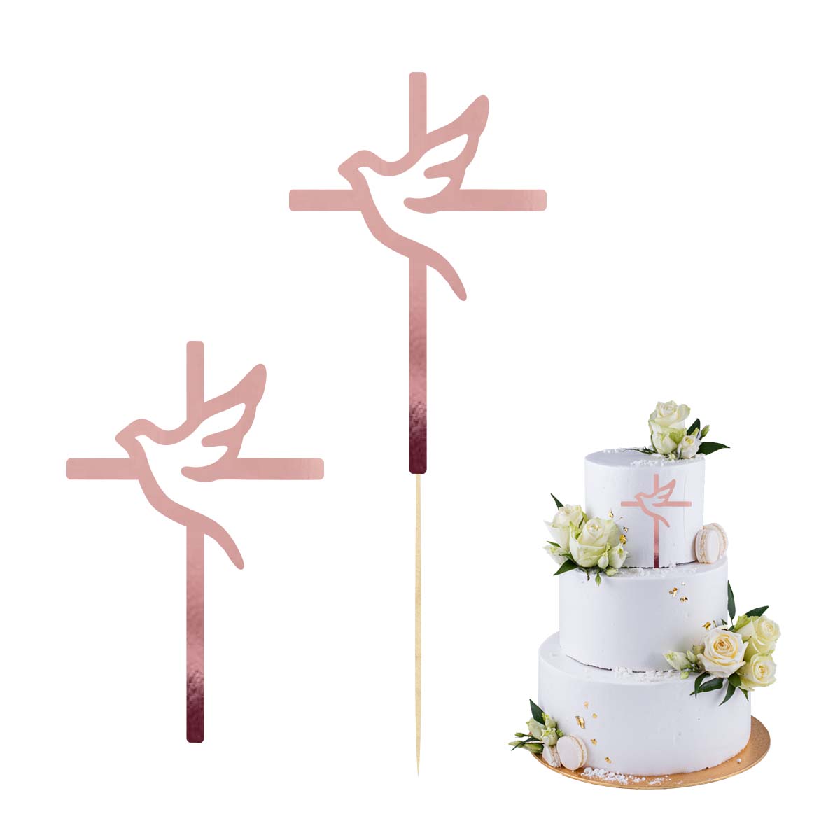 Topper na bok tortu gołąb i krzyż różowe złoto, dekoracja na Komunię Świętą pik scrapki