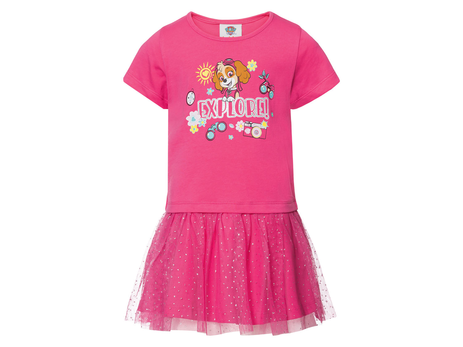 Sukienka dziewczęca z tiulową spódniczką, z bohaterami bajek Psi Patrol, 134/140