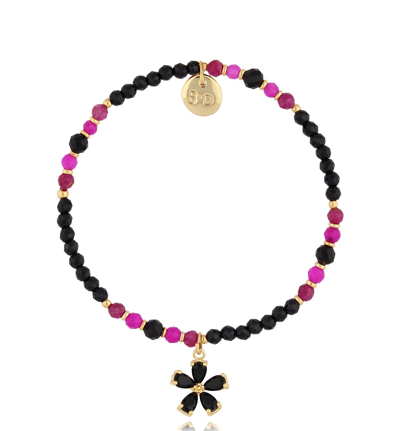 Bransoletka czarno fuksjowa z kwiatuszkiem Mauritius - By Dziubeka