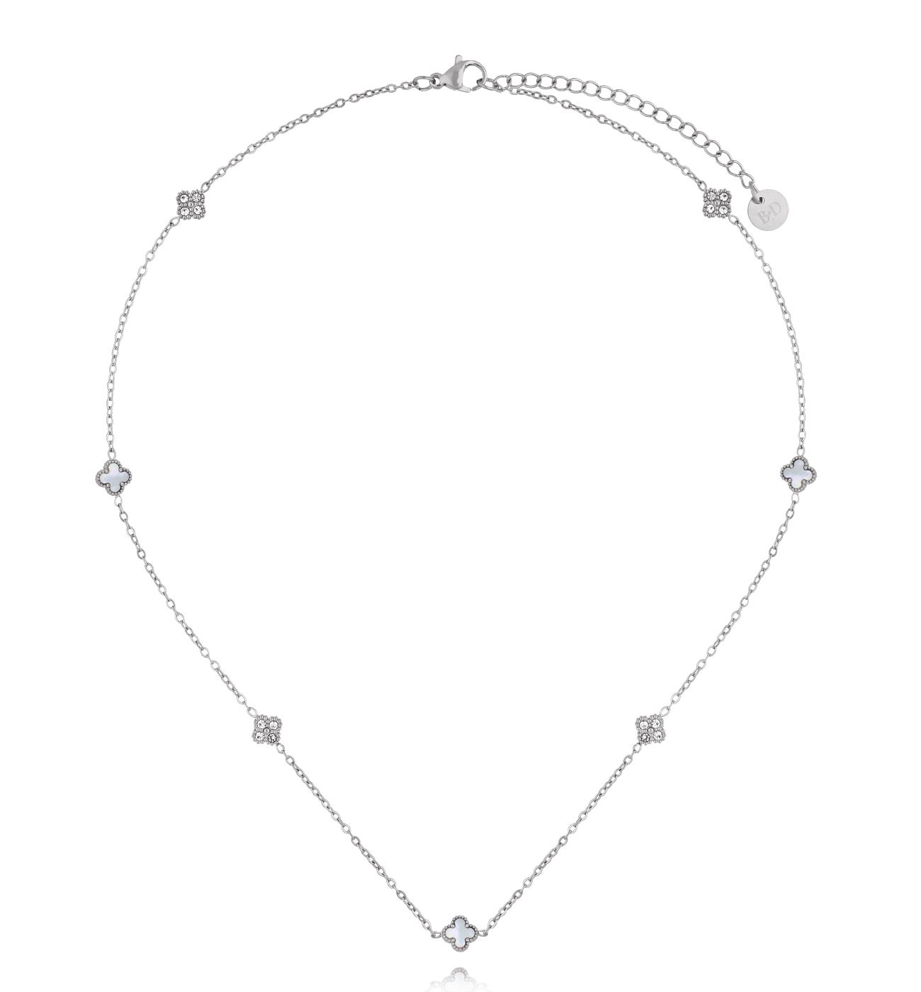 Naszyjnik srebrny z koniczynkami z masy perłowej i cyrkoniami NSY0740 - By Dziubeka