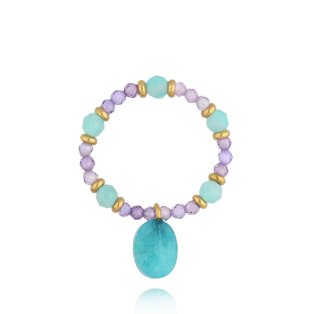 Pierścionek elastyczny z amazonitami i ametystami Rocher PSC0514 - By Dziubeka