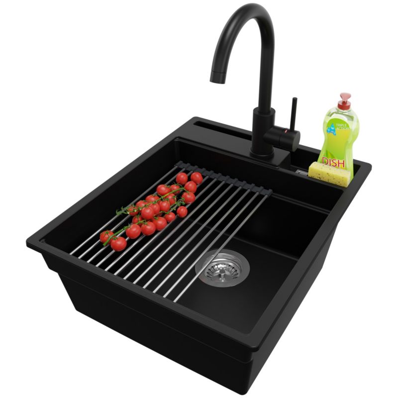 Zlewozmywak Granitowy Oslo Pocket PRIMAGRAN Nablatowy 43x53cm do szafki od 45cm z Syfonem i Baterią i Dodatkiem Czarny 1 szt.