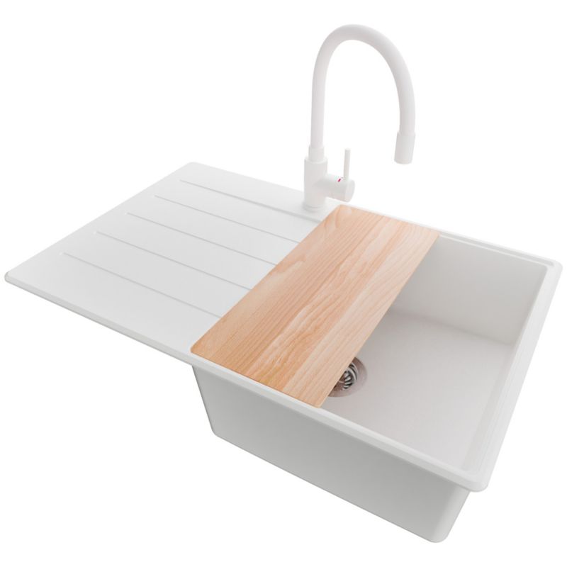 Zlewozmywak Granitowy Kopenhaga PRIMAGRAN Nablatowy 78x50cm do szafki od 50cm, Biały + Bateria + Syfon + Deska, S555, 1 szt.