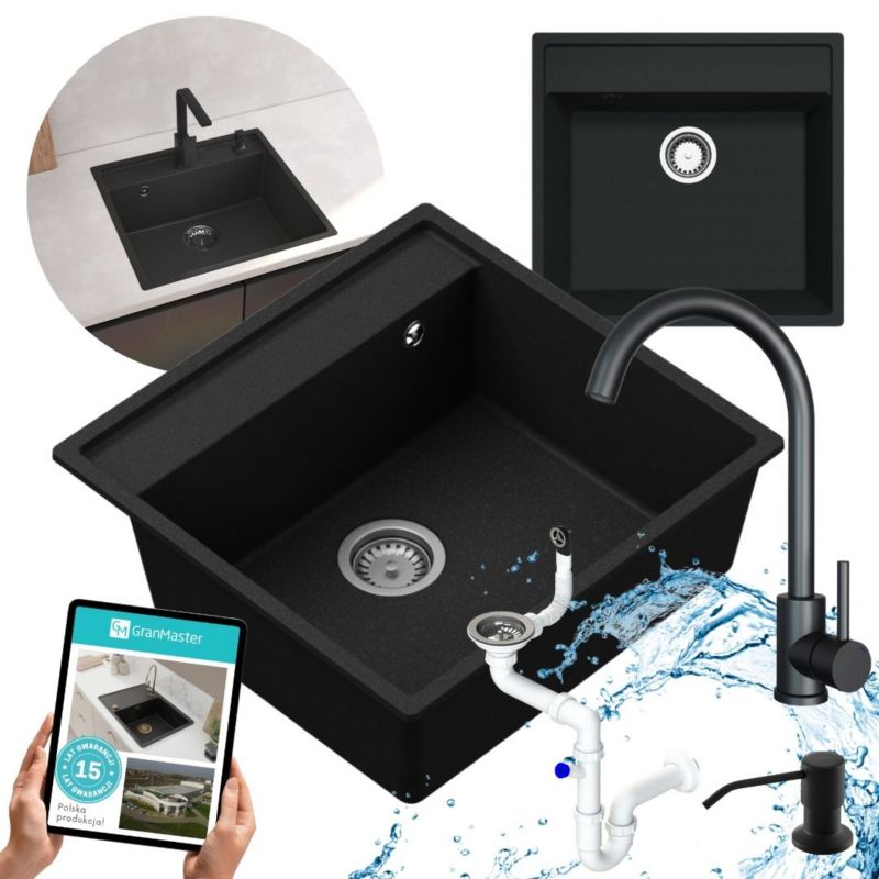 Zestaw zlewozmywak kuchenny GranMaster Magma 1-komorowy bez ociekacza, syfonem, dozownikiem płynu i baterią, czarny metalik 1szt.