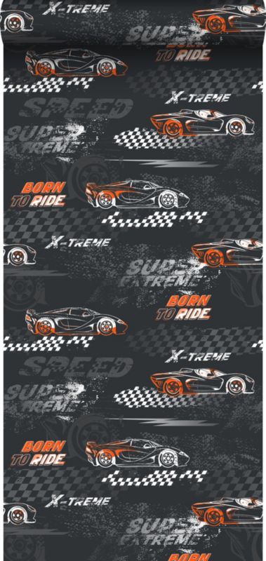 Tapeta Sanders & Sanders samochody wyścigowe pomarańczowymIczarno-białym 50 x 900 cm - 1 rol.