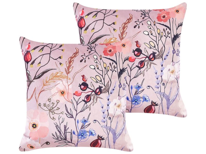 Zestaw 2 poduszek Wzór kwiatowy Anemones Welur 45 x 45 cm Pastelowy róż 1 par.