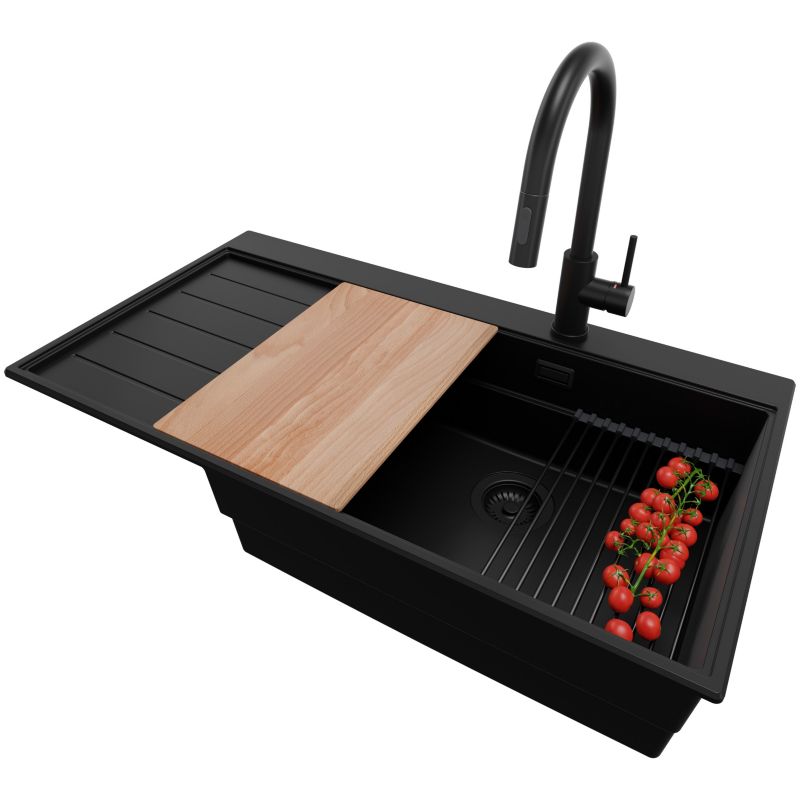 Zlewozmywak Granitowy Sydney PRIMAGRAN Nablatowy 90x50cm, Cały Czarny + Bateria + Syfon + Akcesorium, S427, 1 szt.