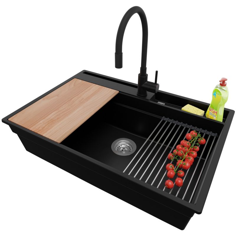 Zlewozmywak Granitowy Oslo Pocket PRIMAGRAN Nablatowy 78x53cm, Czarny + Bateria + Syfon + Akcesorium, S349, 1 szt.