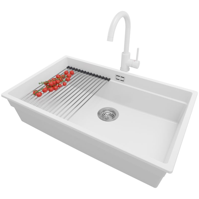 Zlewozmywak Granitowy Praga Slim PRIMAGRAN Nablatowy 76x47cm, Biały + Bateria + Syfon + Akcesorium, S536, 1 szt.