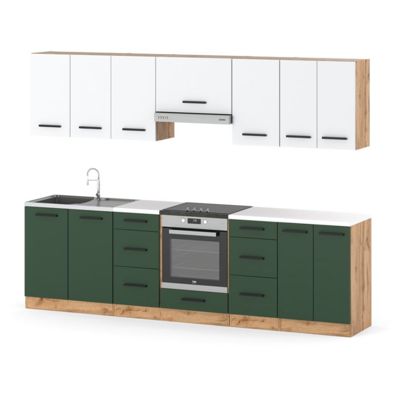 Zestaw Kuchenny Hurtownia-Mebli Z Blatem Kuchnia Roma 280cm Dąb Wotan Biały Mat/Butelkowa Zieleń 280x47x145 cm 1szt.