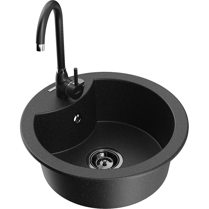 Zlewozmywak granitowy 1-komorowy Mexen Diego z baterią kuchenną Telma czarny/srebrny 6512-73-670200-70-B