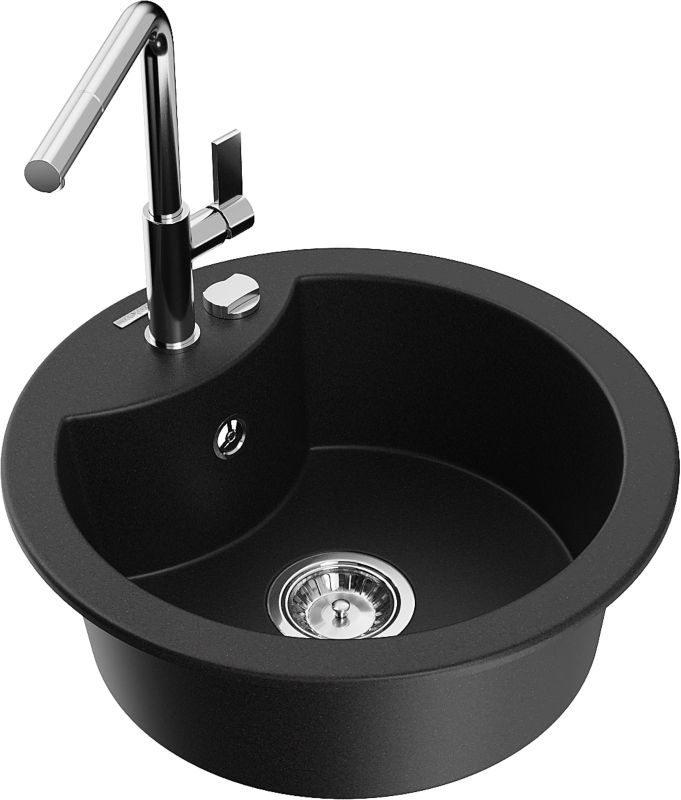 Zlewozmywak granitowy Mexen Diego 1-komorowy z baterią kuchenną Flora czarny 6512-77-670401-00