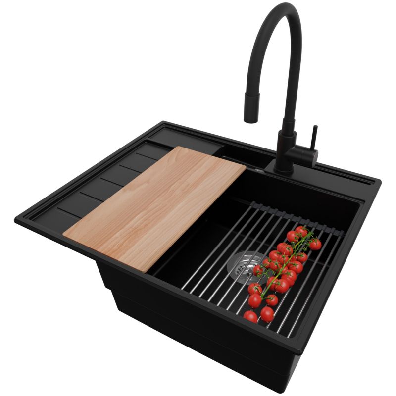 Zlewozmywak Granitowy Sydney Pocket PRIMAGRAN Nablatowy 62x53cm, Czarny + Bateria + Syfon + Akcesorium, S038, 1 szt.