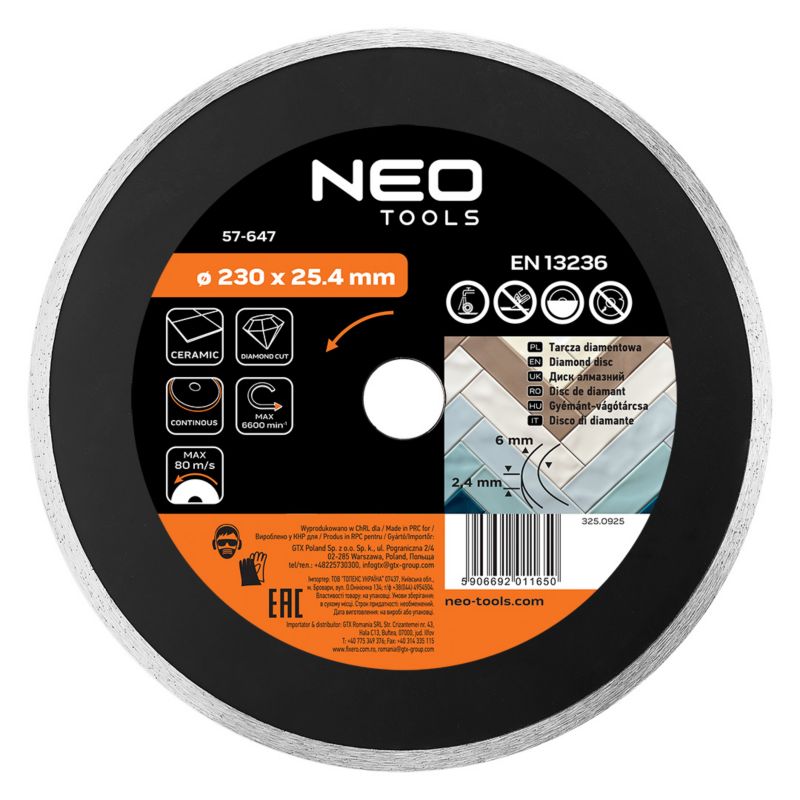 Tarcza diamentowa NEO TOOLS 230 x 25.4 mm, pełna do 59G891 1 szt