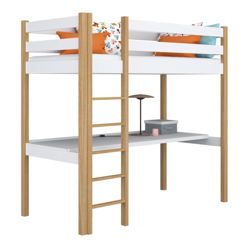 Drewniane łóżko N-WOOD na antresoli z biurkiem N05 biało dębowy 80x180 1szt.