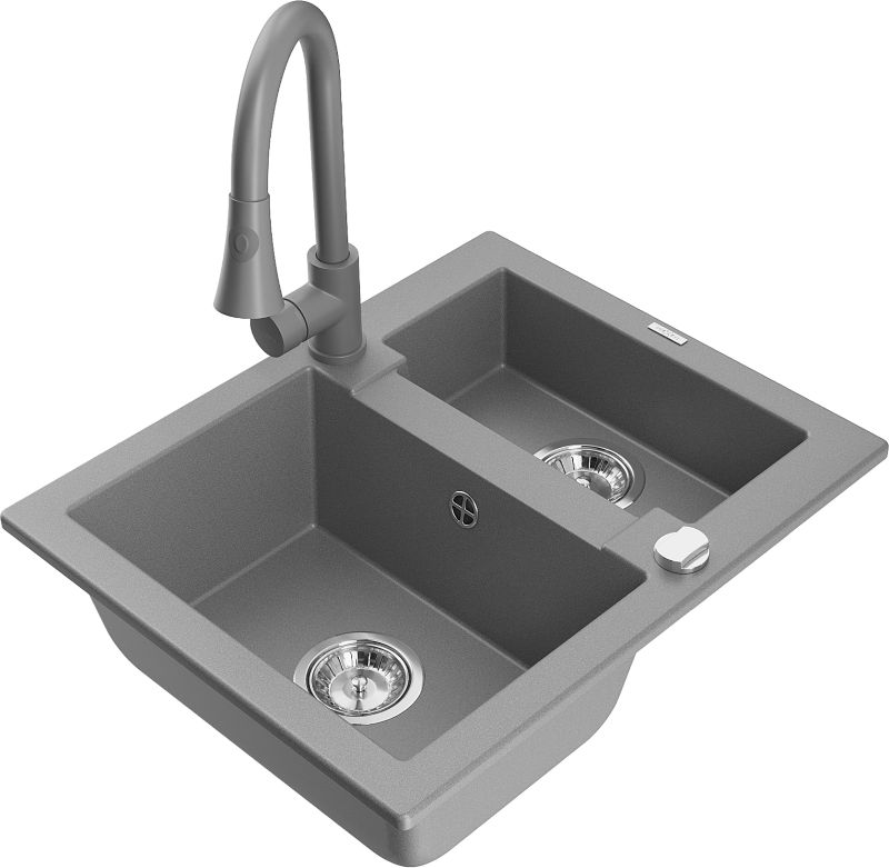 Zlewozmywak granitowy Mexen Carlos 1,5-komorowy z baterią kuchenną Flora szary - 6518-71-670401-70-B 1 szt.