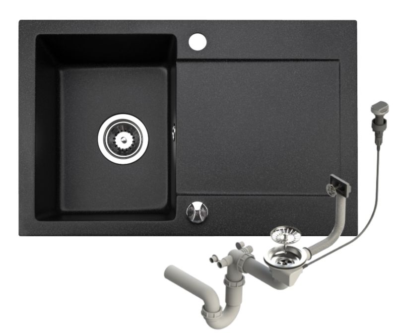 Zlewozmywak granitowy Brenor Cordeo 67 czarny nakrapiany 67x43cm jednokomorowy z ociekaczem z syfonem automatycznym 1 szt