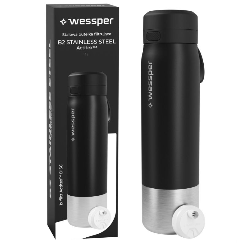 Butelka na wodę, Wessper, filtrująca, stal nierdzewna, bidon, z filtrem wody, 1L, B2 STAINLESS STEEL Actitex, czarna, 1szt